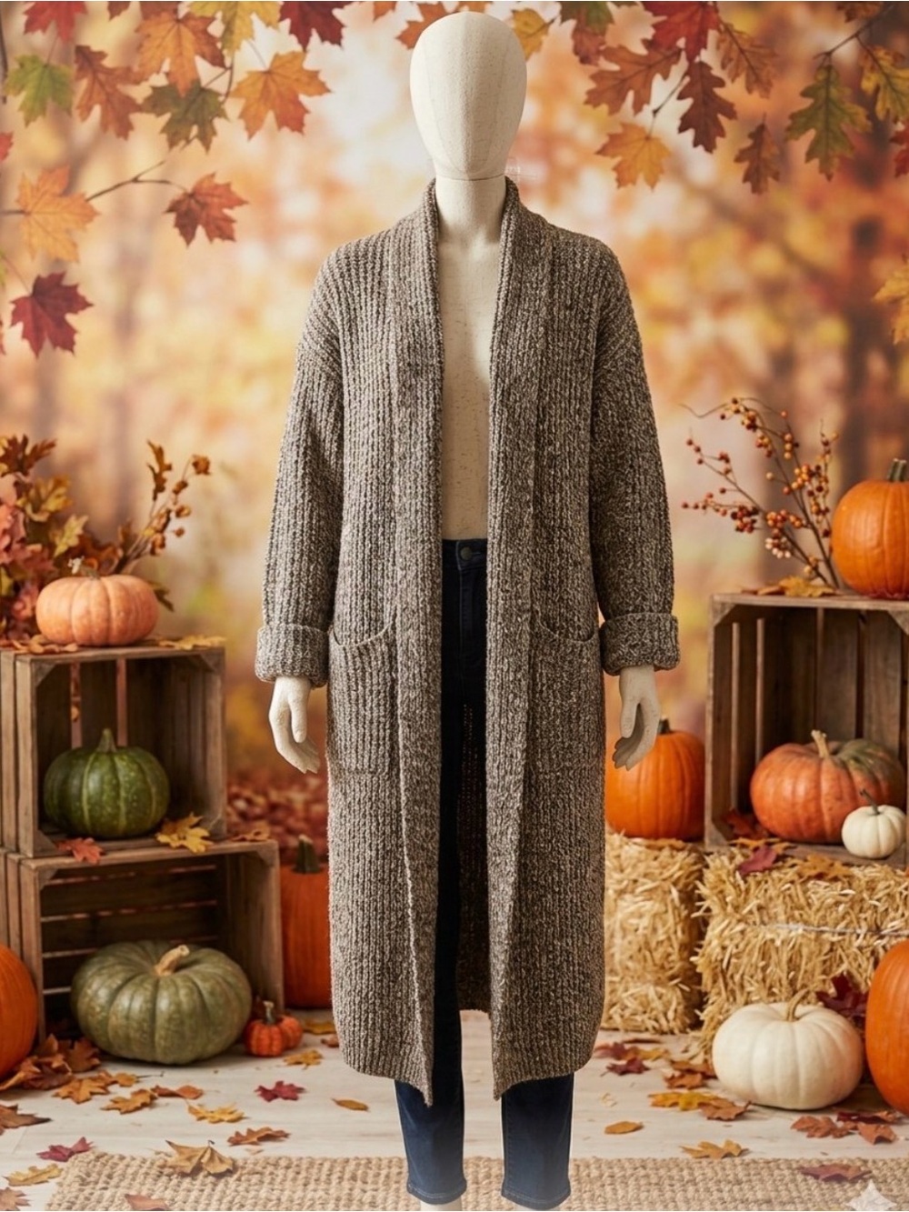 Long Open-Front Taupe Knit Cardigan vintage Tony Lambert